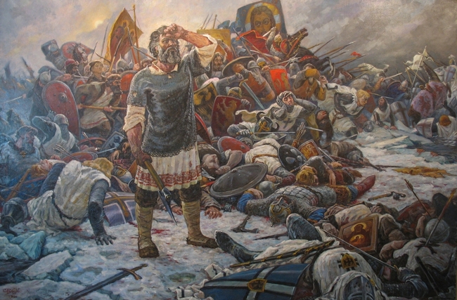 «И была сеча злая, и треск от ломления копий, и звук от сечения мечного, и замёрзшее озеро двинулось. И не было видно льда: весь покрылся кровью...»